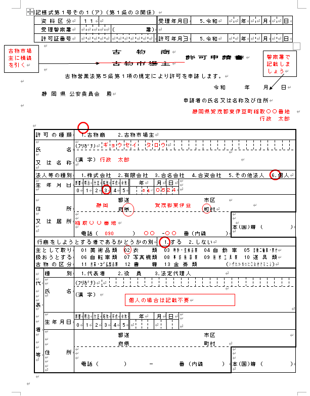 古物商許可申請書の記載例